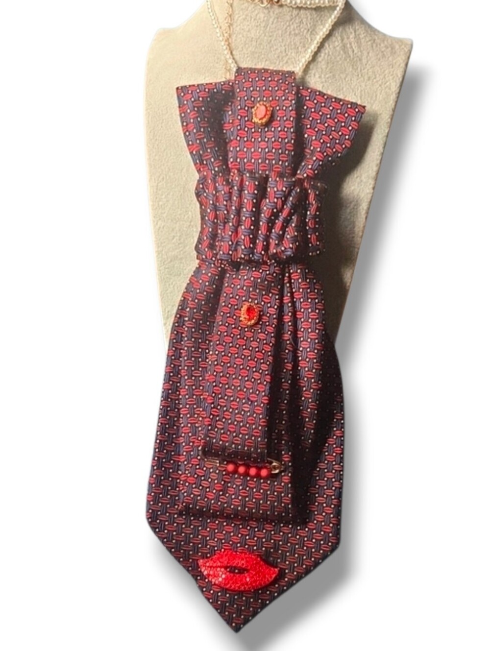 3/$60 Red and Navy Patterned Cravat with Lip Accent Brooch